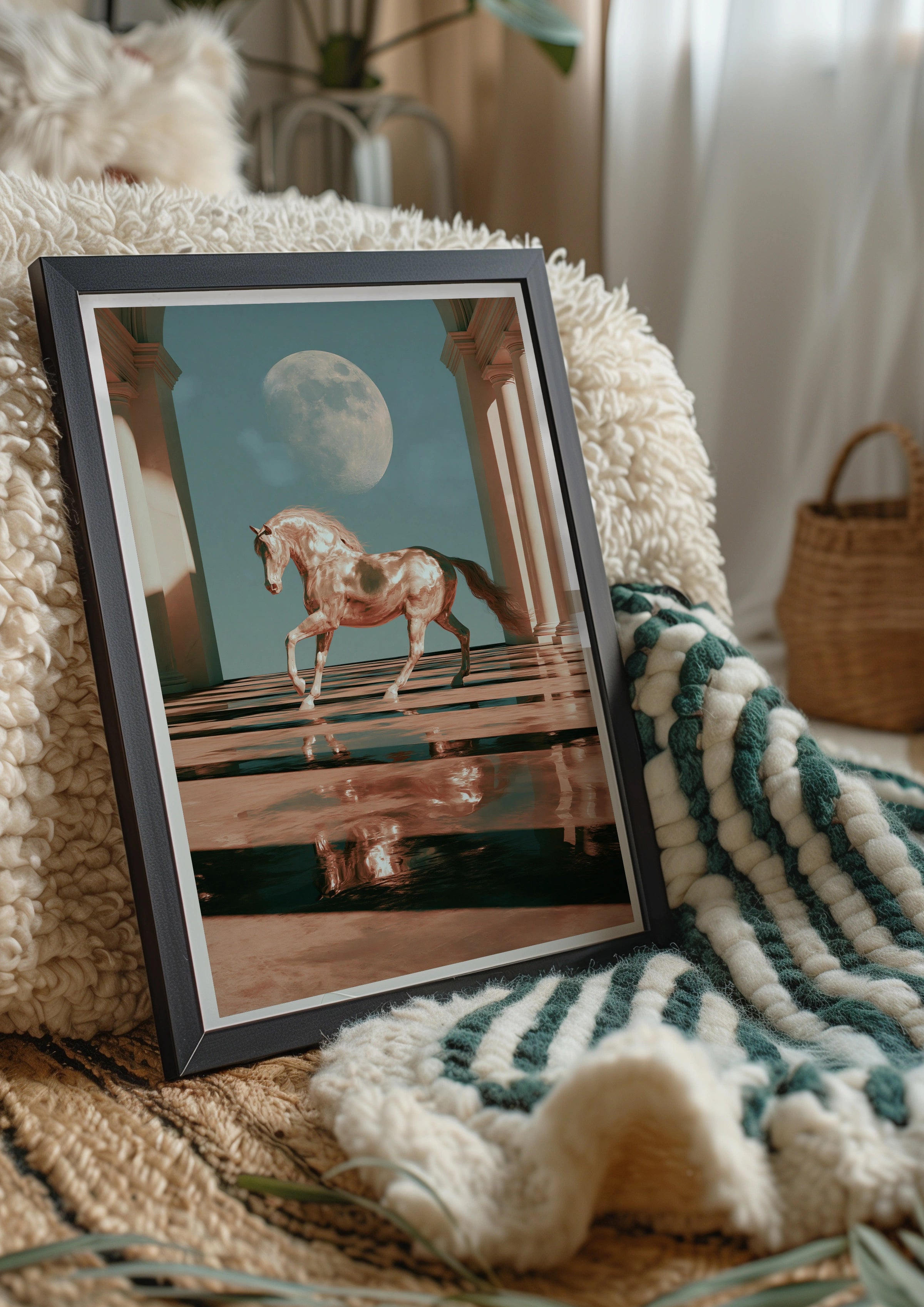 Horse Moon Hall Water Reflection Poster, Surreal Equine Art Print