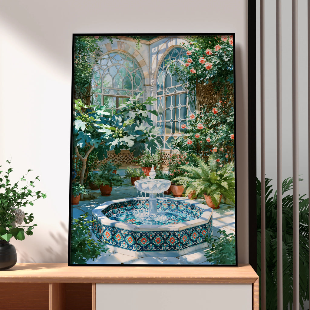 Fountain Courtyard Garden Poster, Moroccan Tile Art Print, Botanical Wall Art