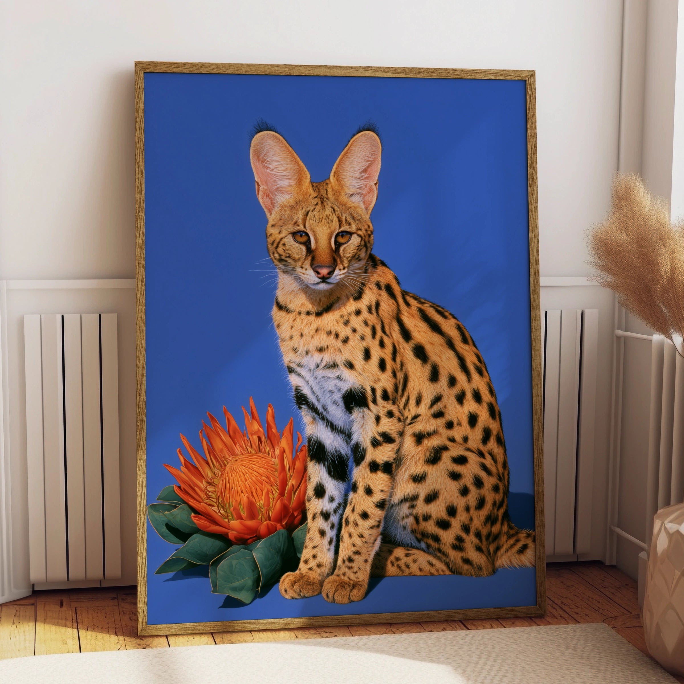 Serval Cat Protea Flower Poster, Bold Blue Wildlife Wall Art Print