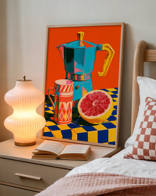 Moka Pot Coffee Print, Bold Pop Art Kitchen Poster, Colourful Still Life