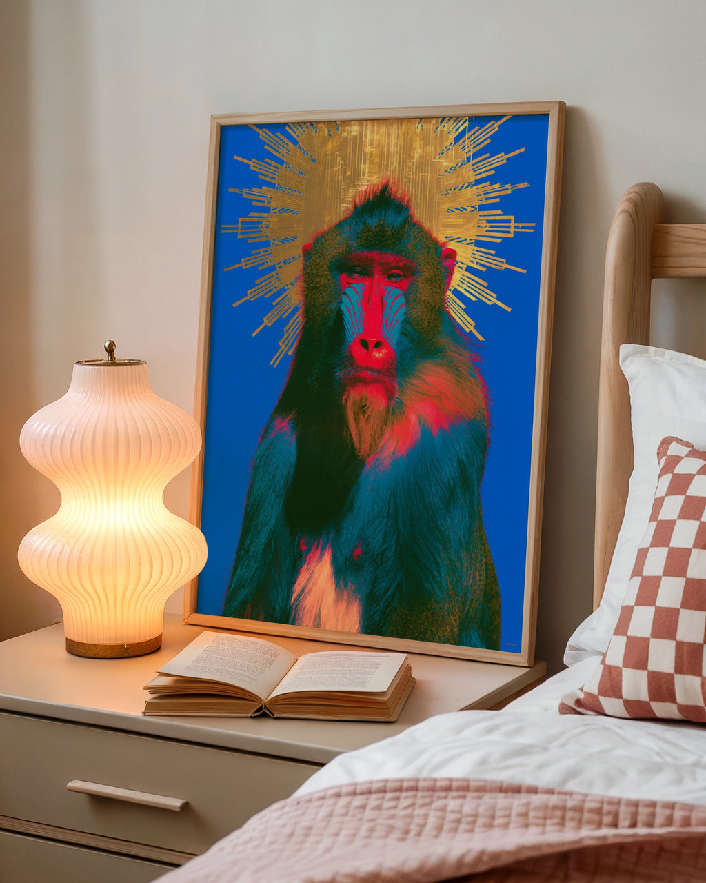 Baboon Sun Halo Poster, Bold Blue Gold Mandrill Wall Art, Pop Art Print