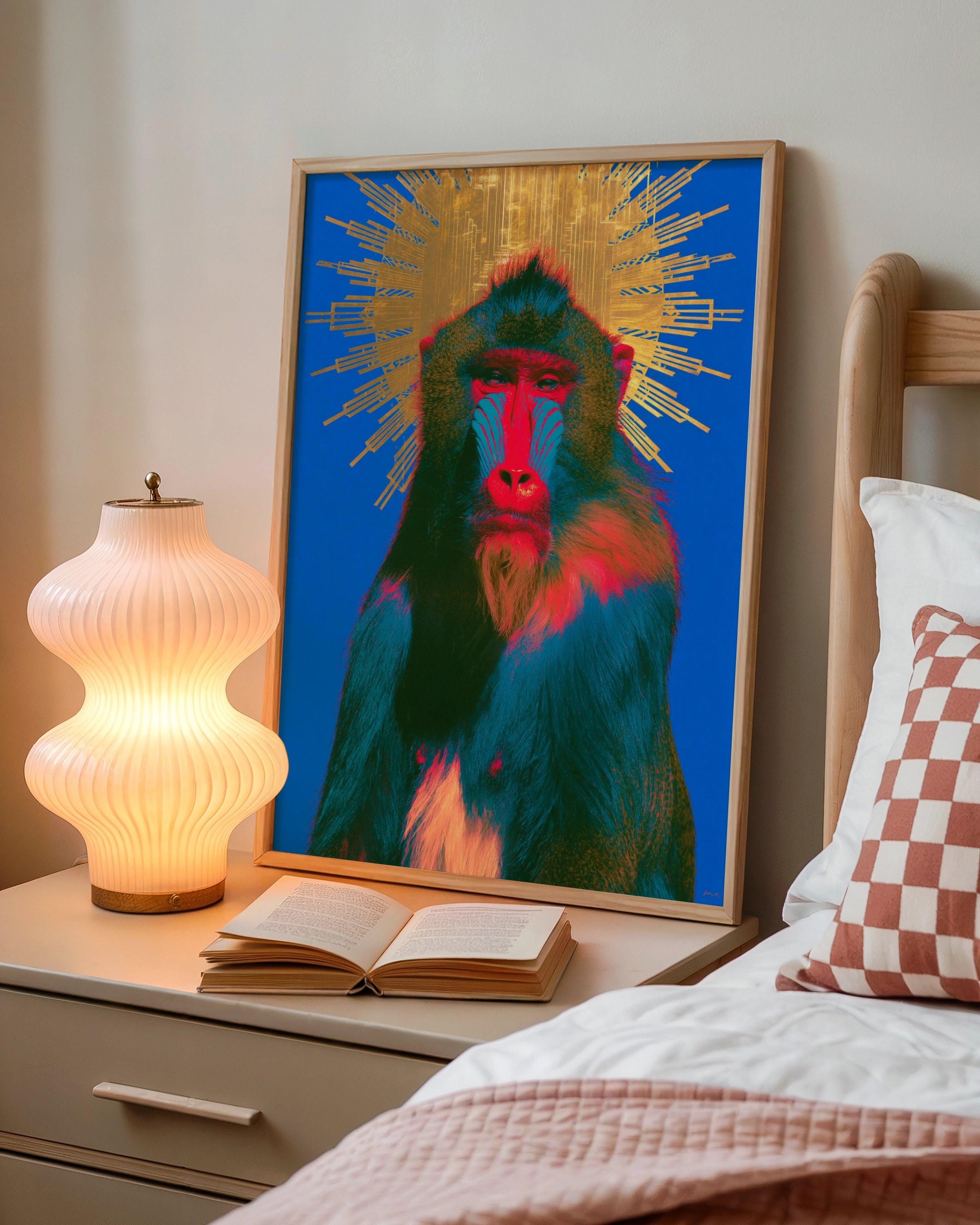 Baboon Sun Halo Poster, Bold Blue Gold Mandrill Wall Art, Pop Art Print