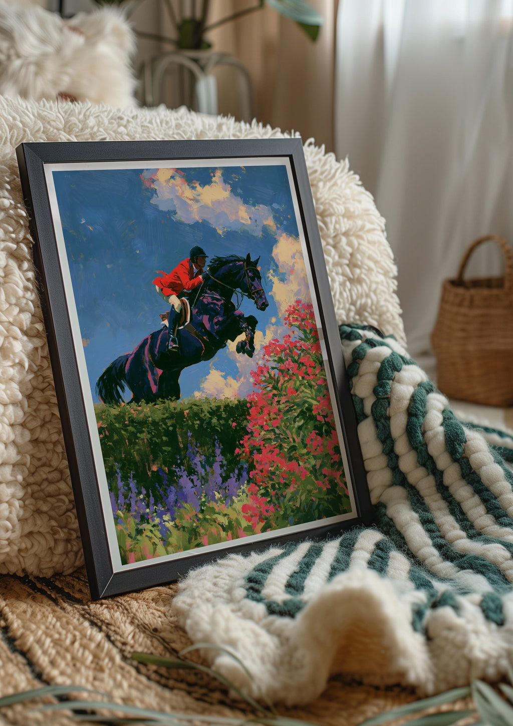 Horse Rider Leaping, Equestrian Show Jumping Poster, Oil Painting Style