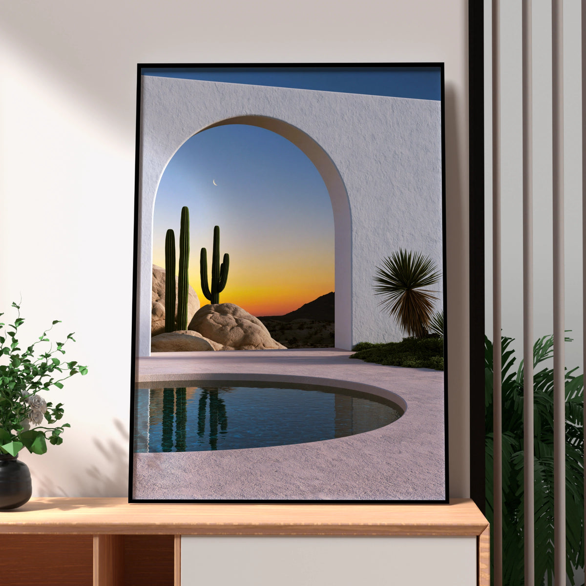 Desert Cactus Arch Pool Sunset Poster, Minimalist Architecture Wall Art Print