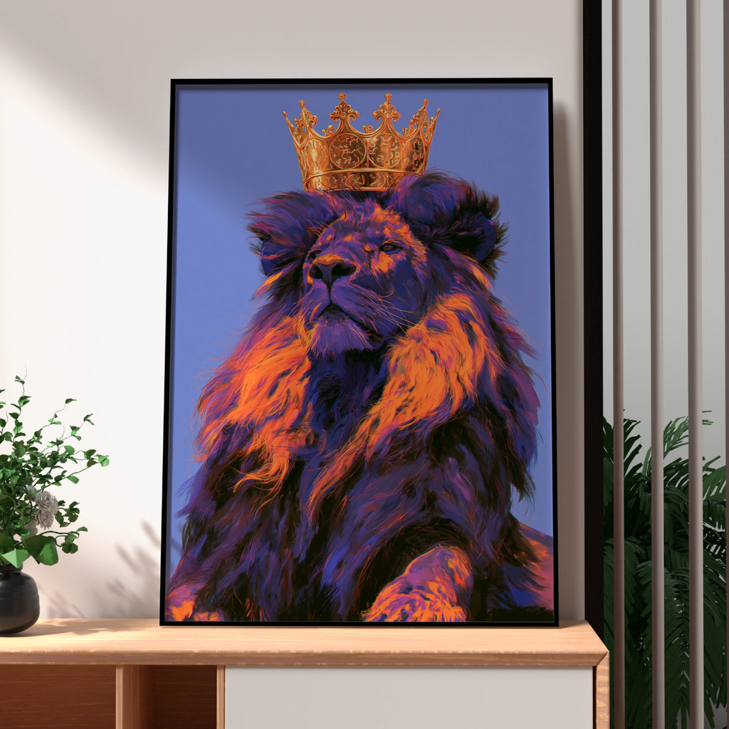 Lion Crown Purple Wall Art Poster, King of the Jungle, Bold Colourful Print