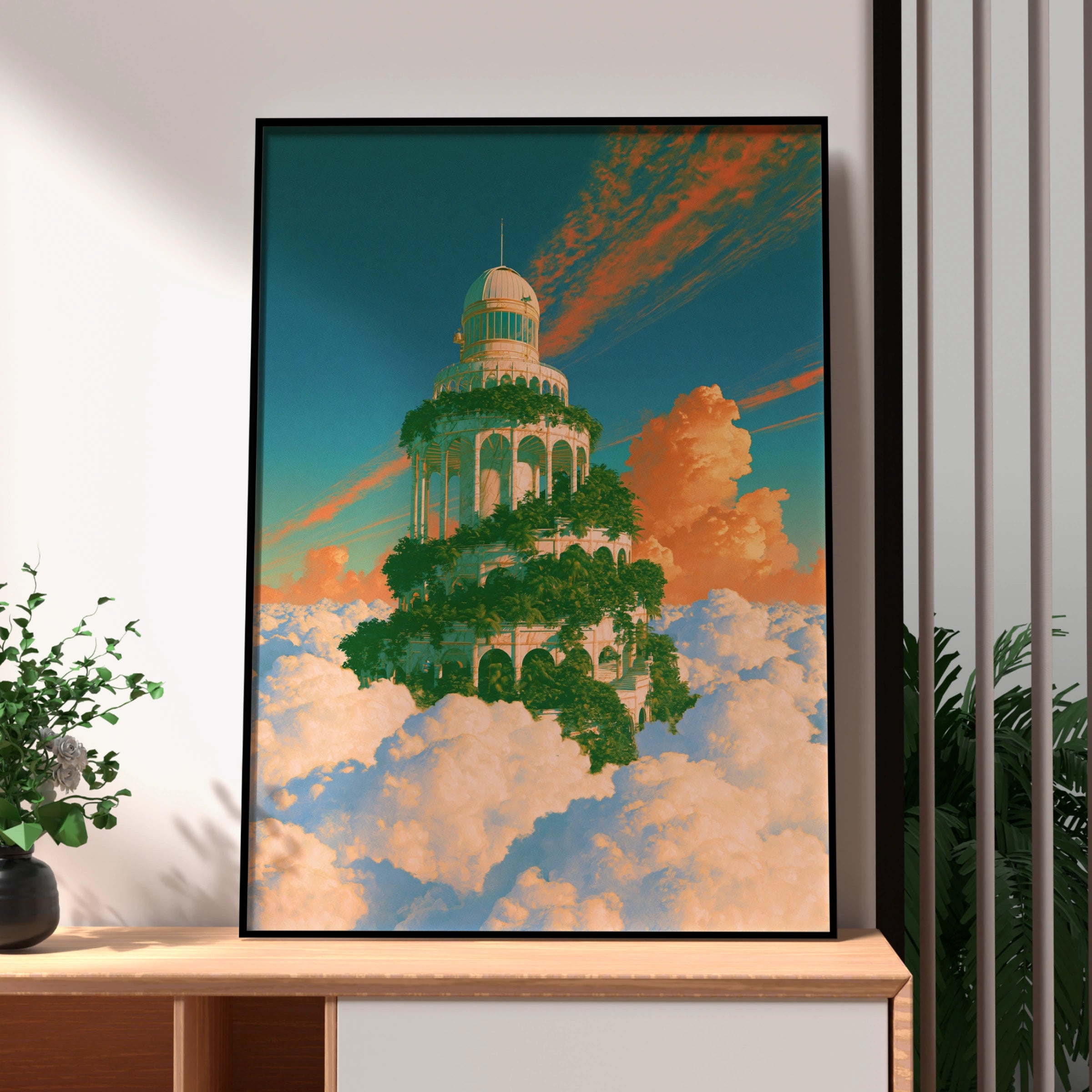 Sky Tower Fantasy Art Poster, Dreamy Cloud Architecture, Surreal Teal Orange Print