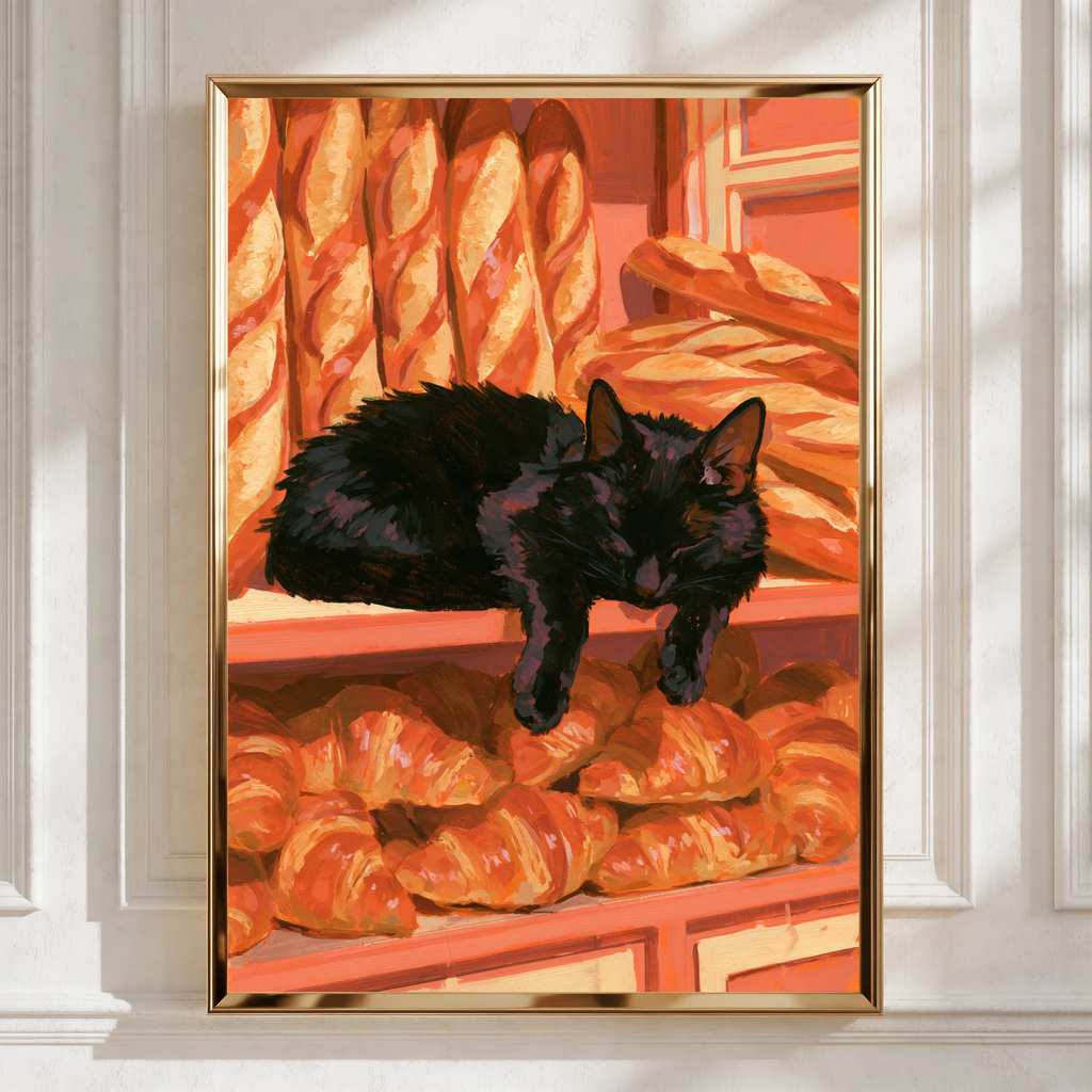 Black Cat Sleeping in French Bakery, Croissants Baguettes Wall Art Poster
