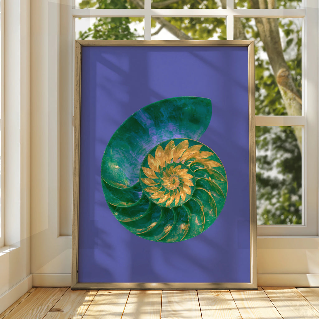 Nautilus Shell Poster, Green Gold Spiral, Bold Colour Nature Wall Art Print