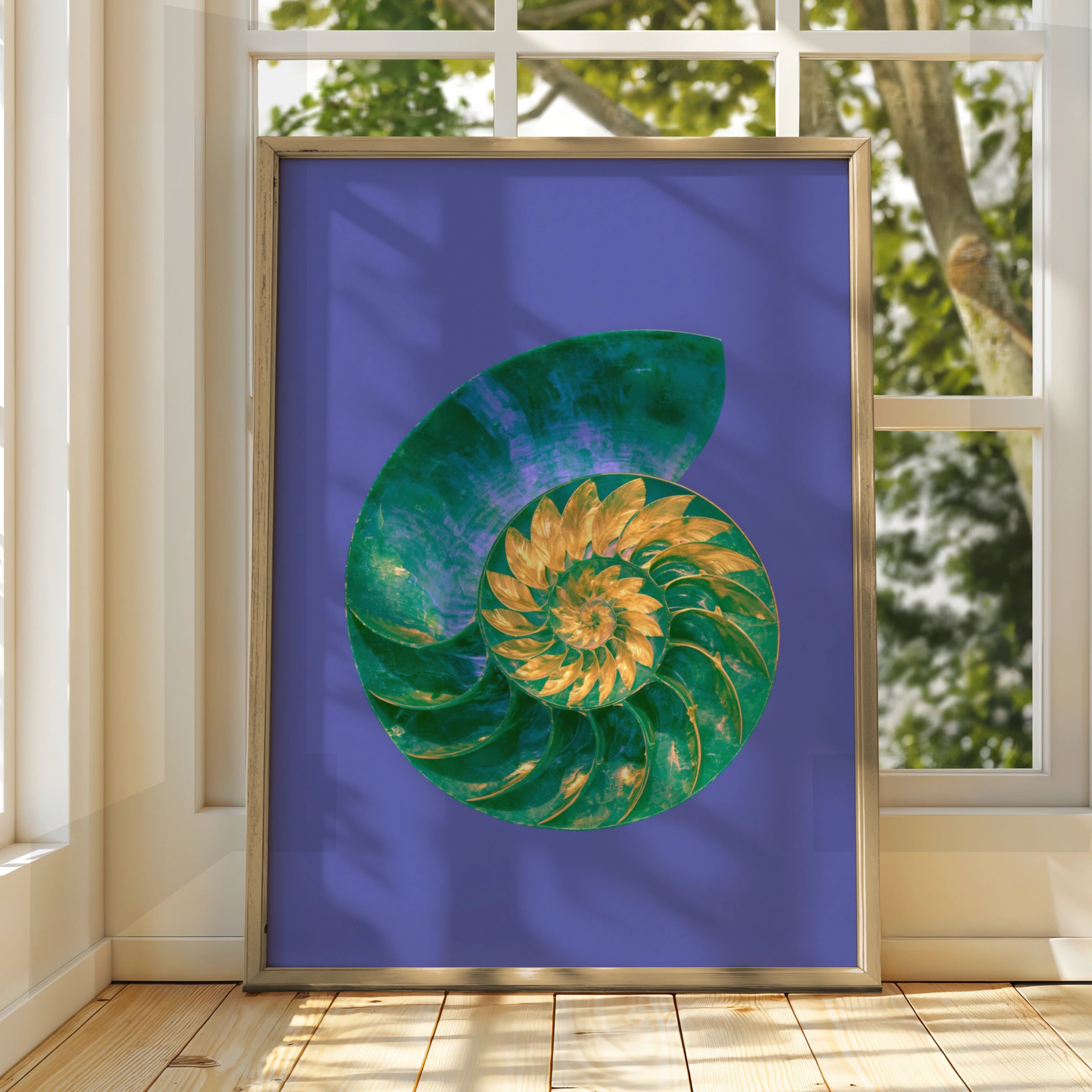 Nautilus Shell Poster, Green Gold Spiral, Bold Colour Nature Wall Art Print