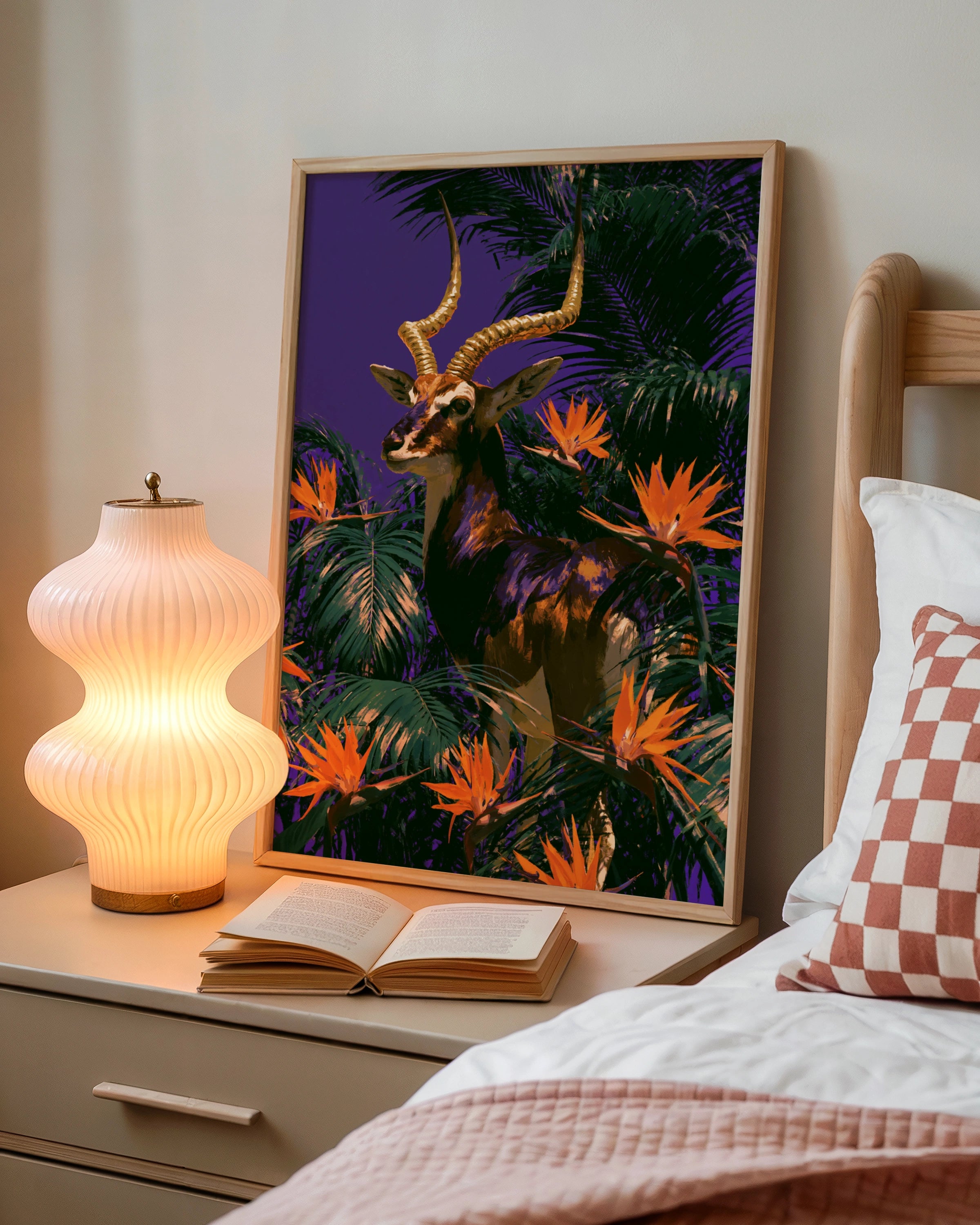 Antelope Tropical Flowers Poster, Bold Purple Wildlife Wall Art Print