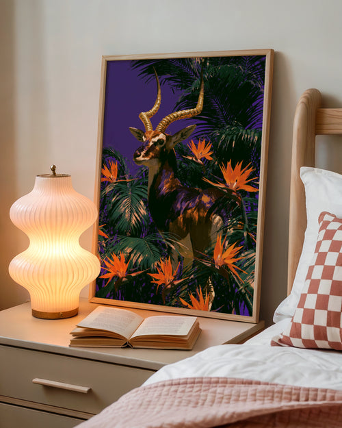 Antelope Tropical Flowers Poster, Bold Purple Wildlife Wall Art Print