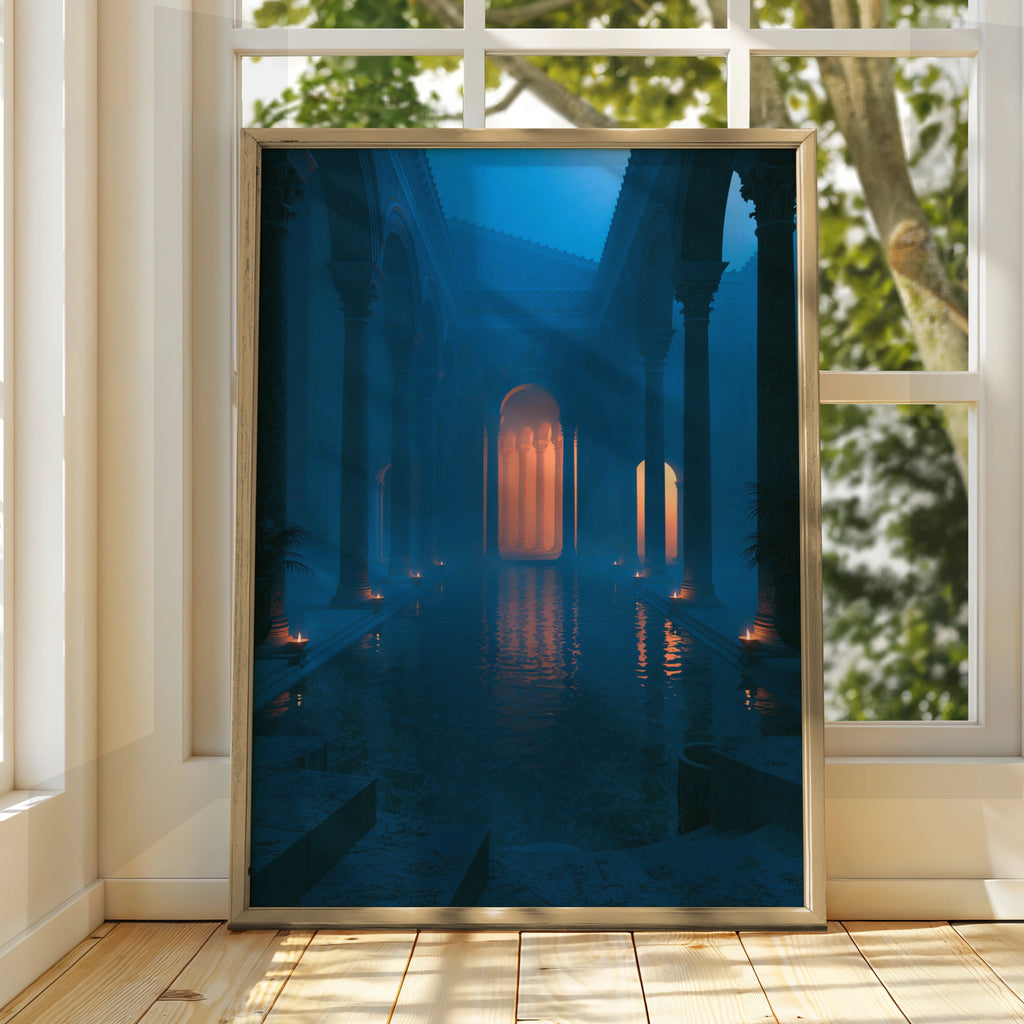Roman Frigidarium Bath, Candlelit Architecture Poster, Dark Blue Atmospheric Art