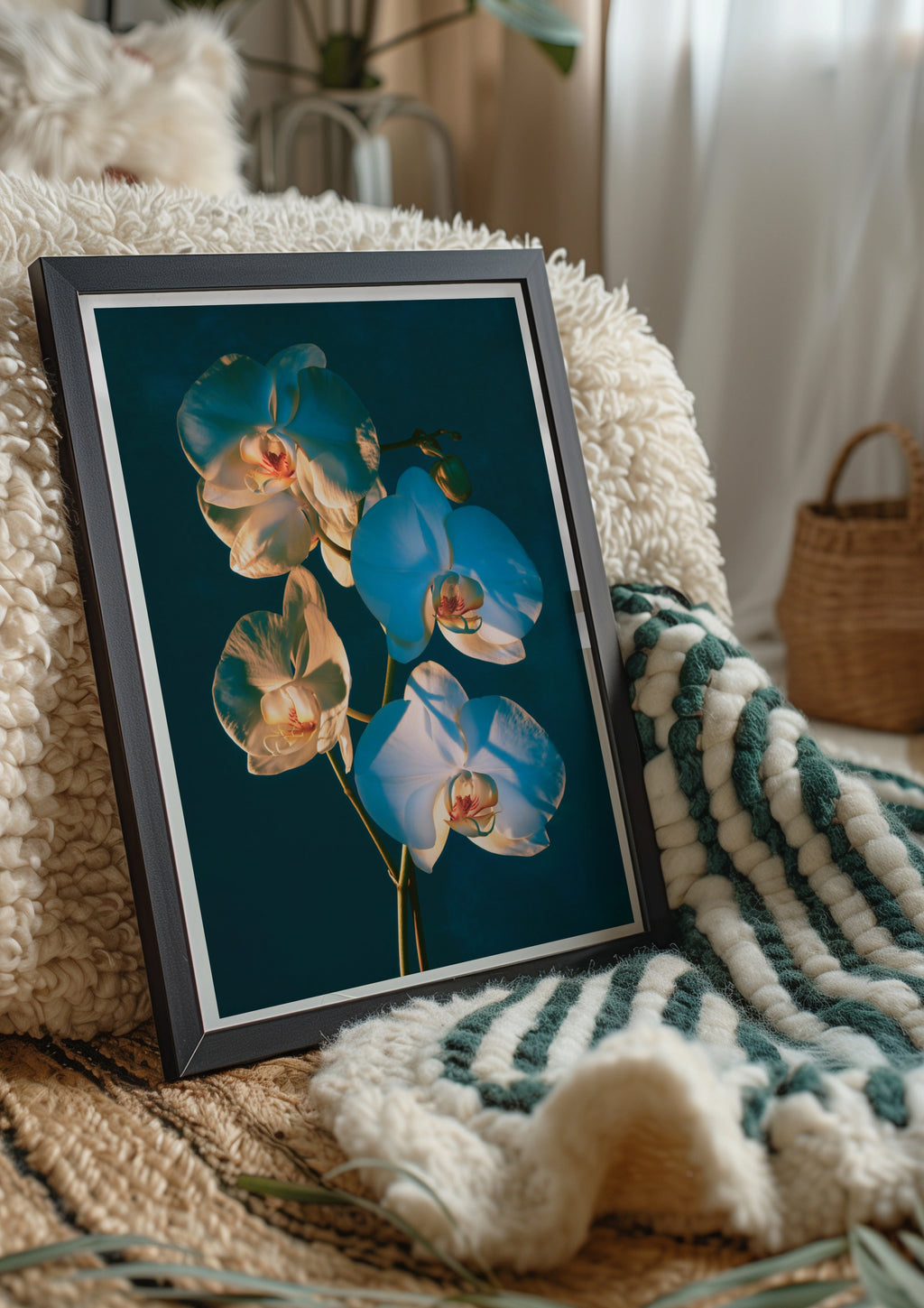 Orchid Shadow Play Botanical Poster, Teal Floral Wall Art, Moody Photo Print