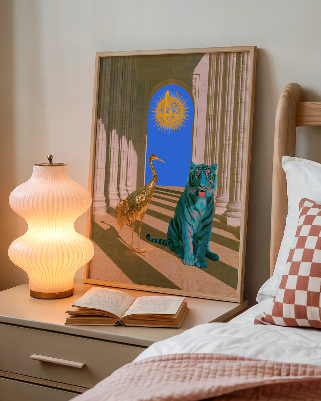 Blue Tiger Gold Crane Temple Poster, Surreal Animal Wall Art, Bold Maximalist Print