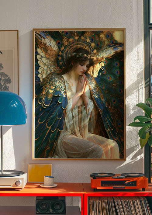 Angel Peacock Feather Wings Wall Art Poster, Pre-Raphaelite Style Print