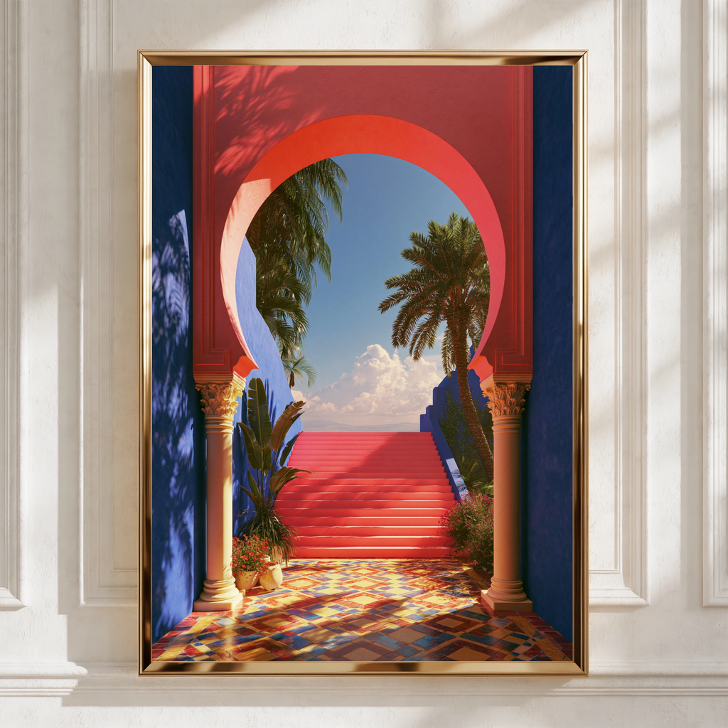 Moroccan Archway Palm Trees Poster, Red Blue Architecture Wall Art Print