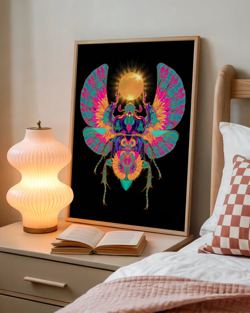 Egyptian Scarab Beetle Poster, Neon Sun Art, Psychedelic Wall Print