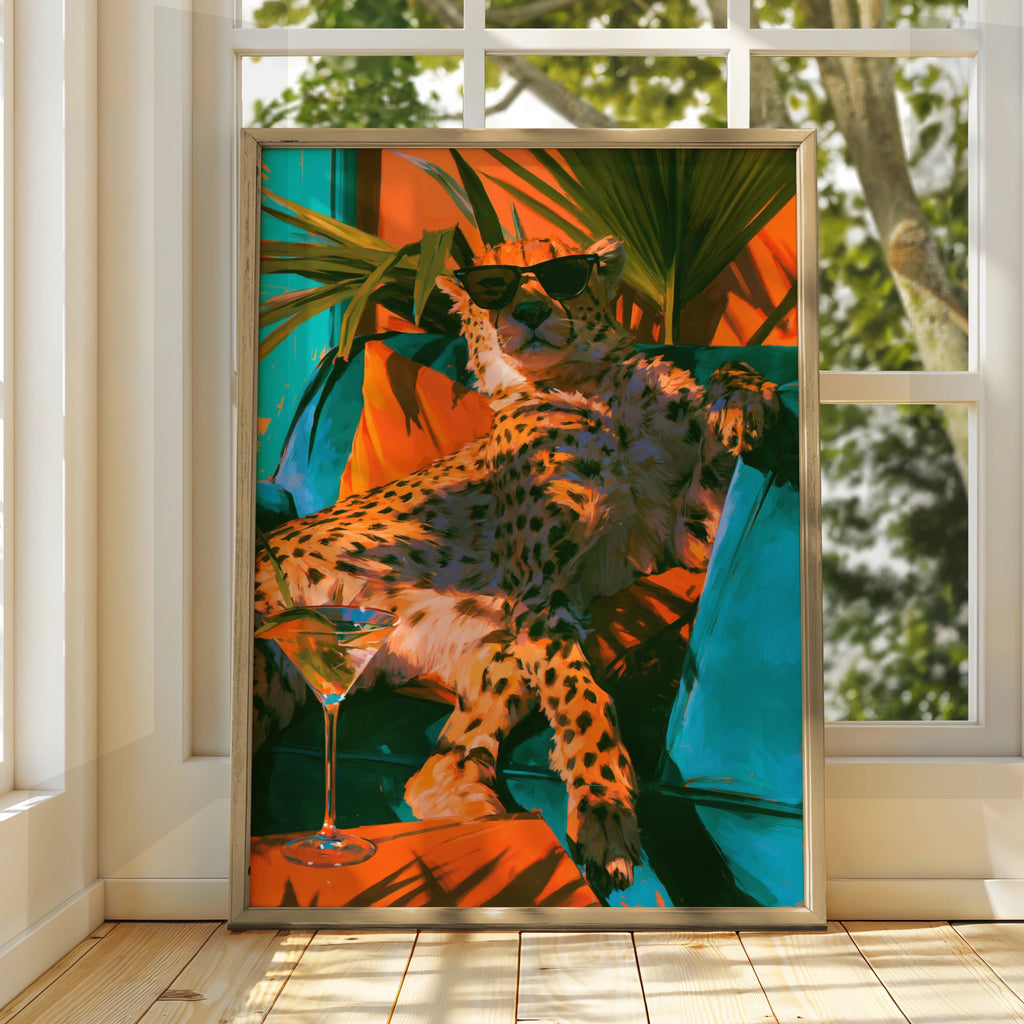 Relaxing Cheetah Sunglasses Martini Poster, Tropical Bold Colour Art Print