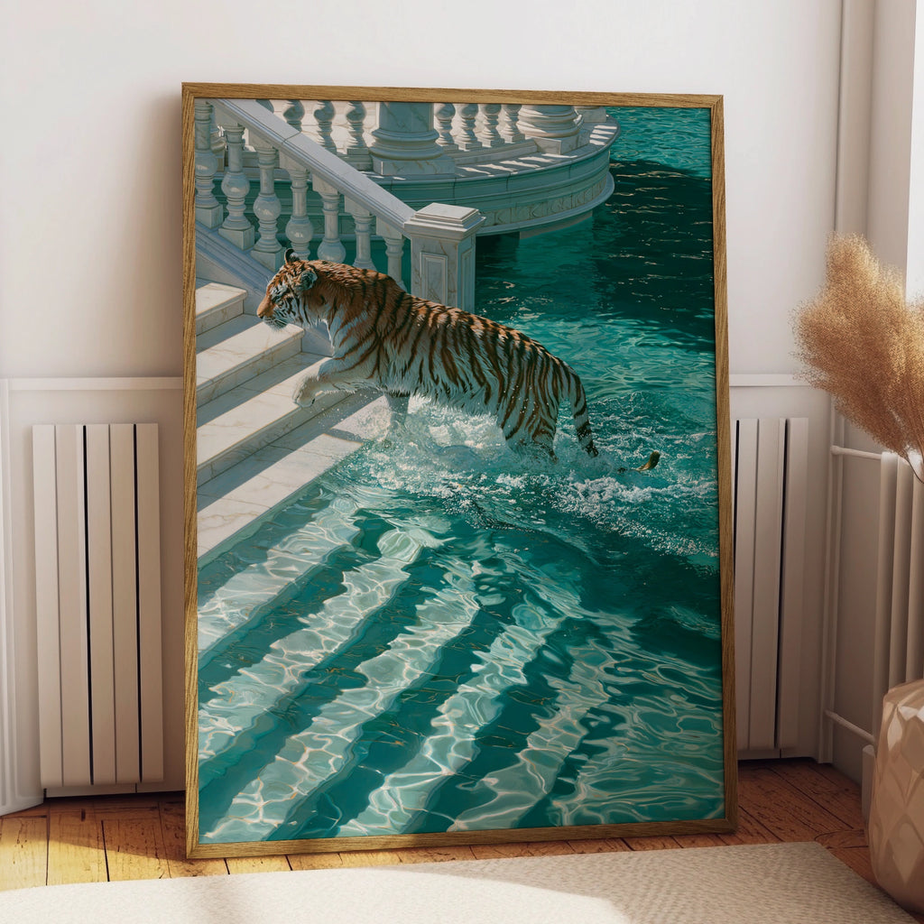 Tiger Leaping into Water, Villa Pool Wall Art Poster, Surreal Style