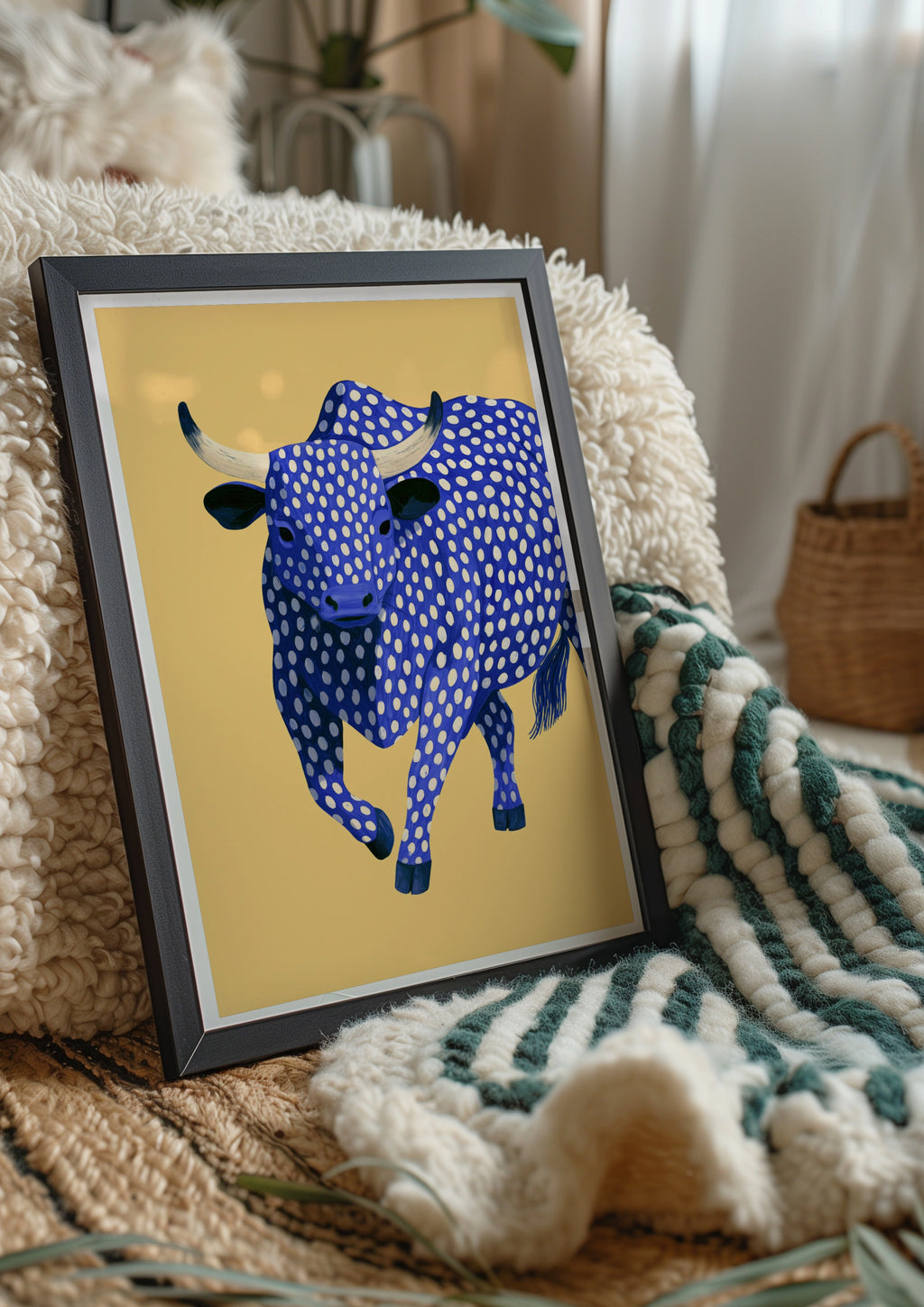 Blue Polka Dot Bull Poster, Bold Animal Wall Art, Quirky Modern Print