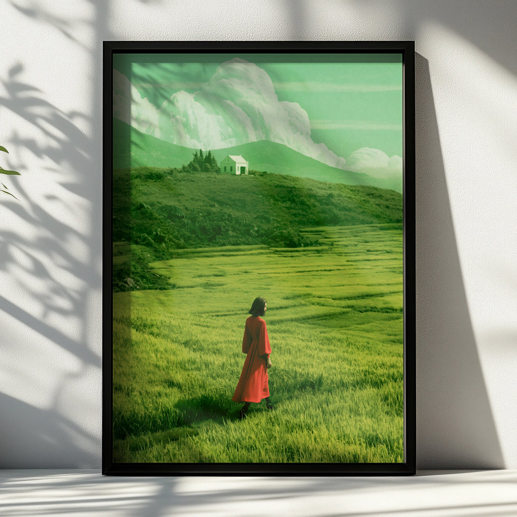 Woman in Red Coat Green Field Wall Art Poster, Surreal Landscape Print