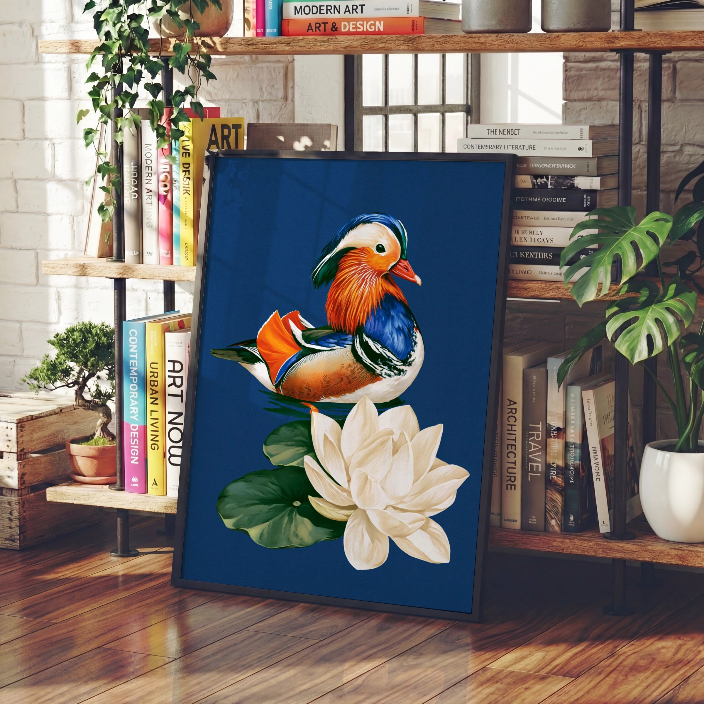 Mandarin Duck Lotus Flower Poster, Colourful Bird Wall Art, Oriental Style Print