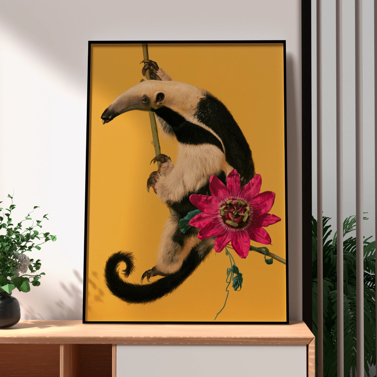 Tamandua Anteater Poster, Tropical Flower Wall Art, Yellow Bold Print