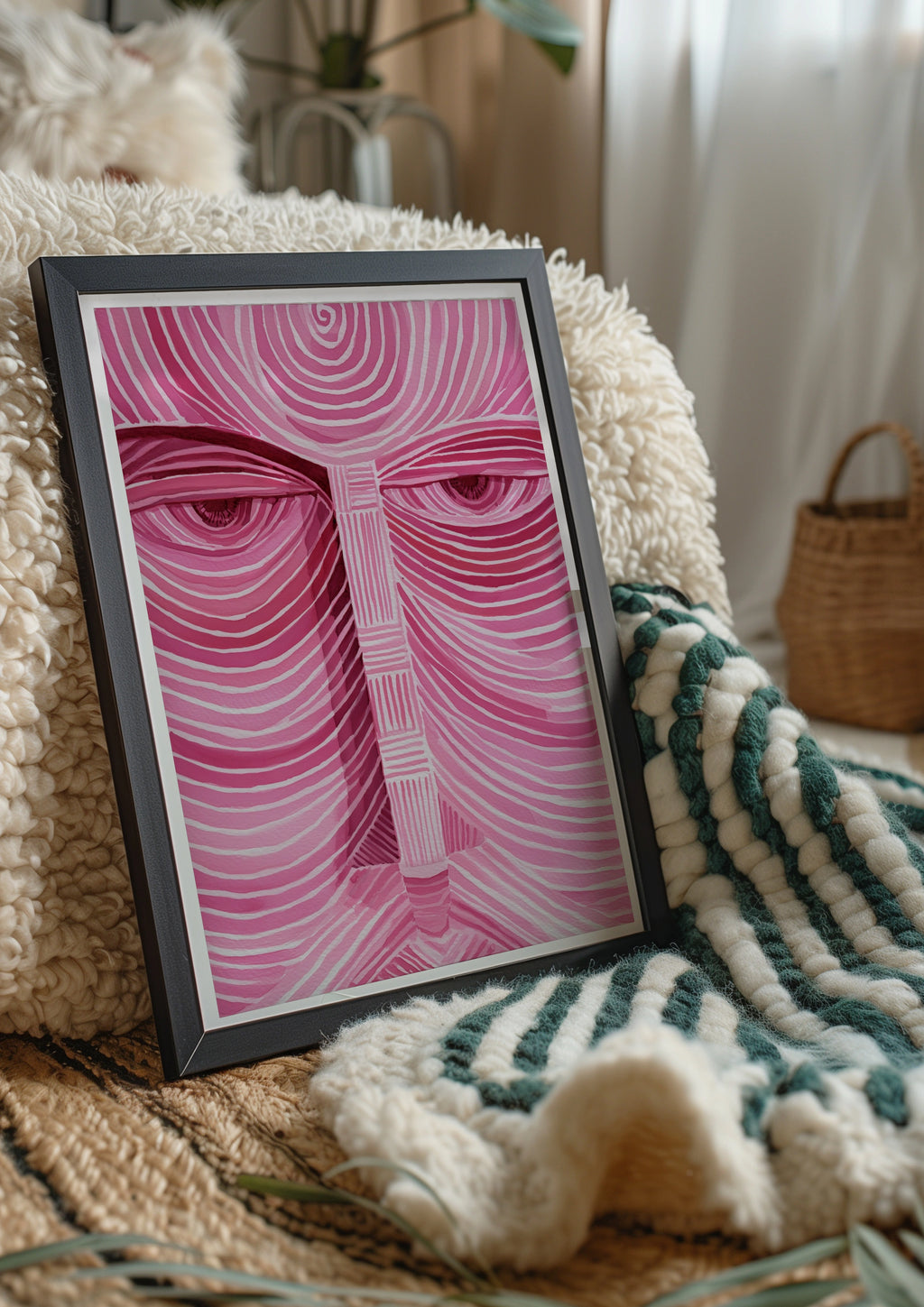 Pink Face Portrait Poster, Abstract Line Art Print, Psychedelic Wall Art