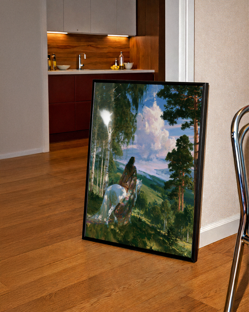 Pre-Raphaelite Woman on White Horse Forest Poster, Romantic Painting Print