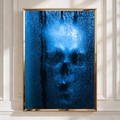 Skull Through Wet Glass Poster, Blue Gothic Wall Art, Dark Moody Print