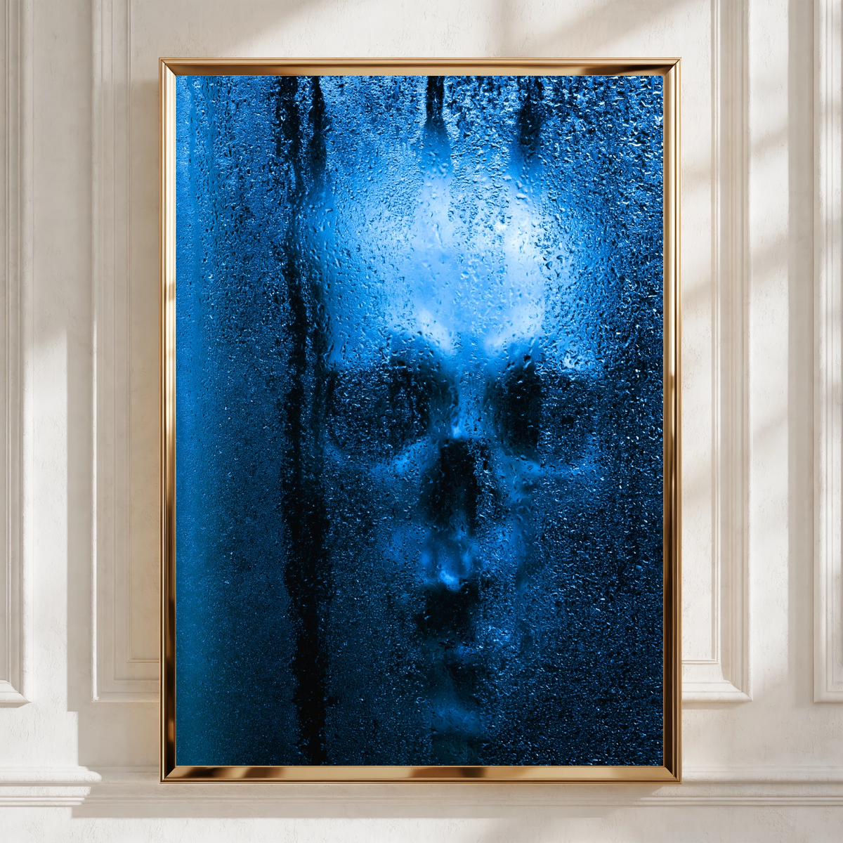 Skull Through Wet Glass Poster, Blue Gothic Wall Art, Dark Moody Print