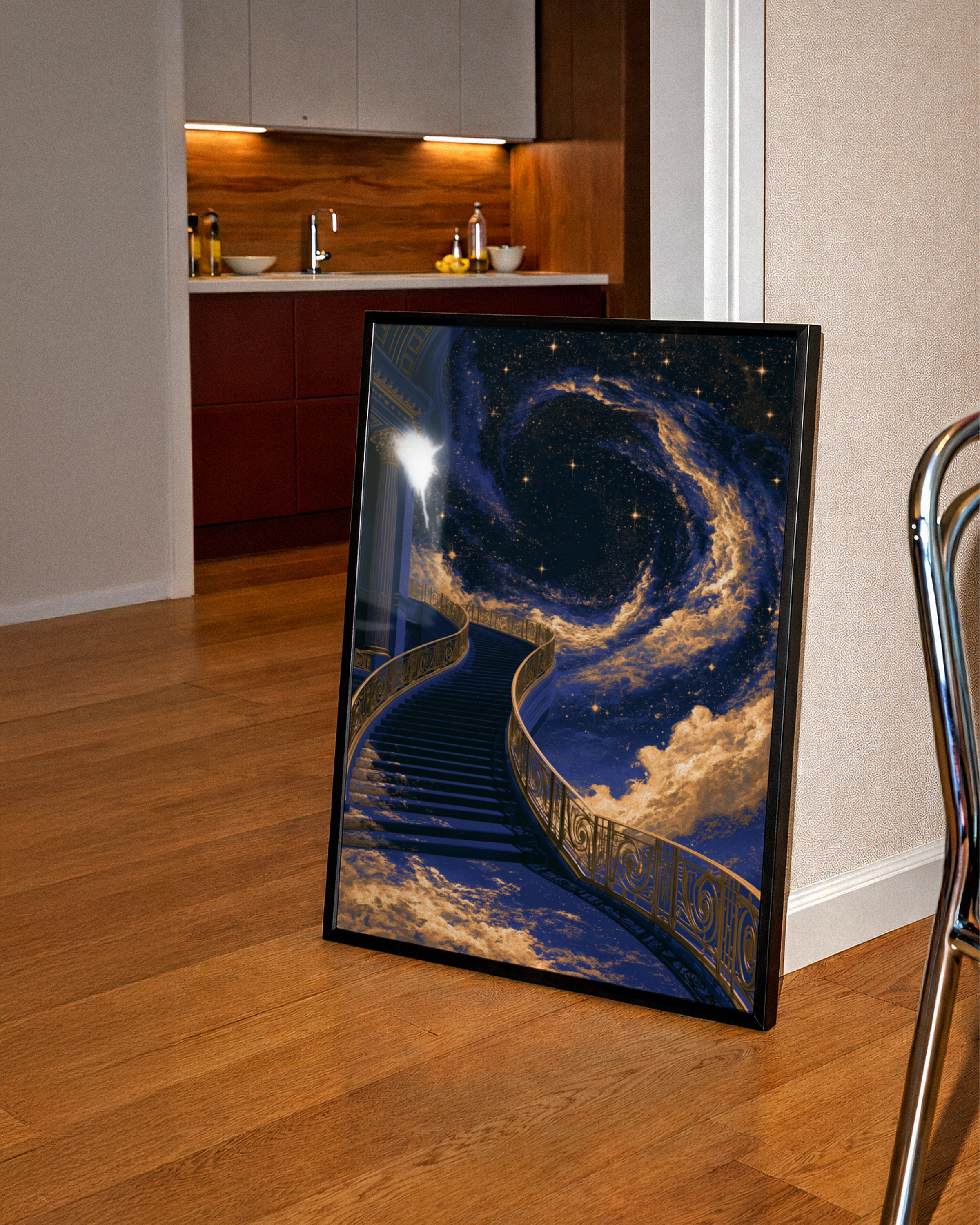 Stairway to Heaven Poster, Celestial Galaxy Art, Navy Blue Gold Print