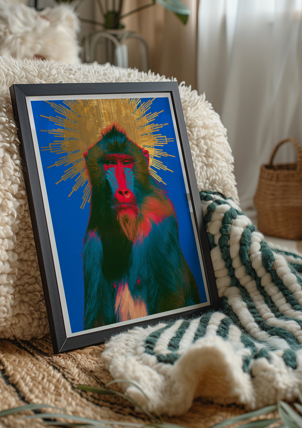 Baboon Sun Halo Poster, Bold Blue Gold Mandrill Wall Art, Pop Art Print