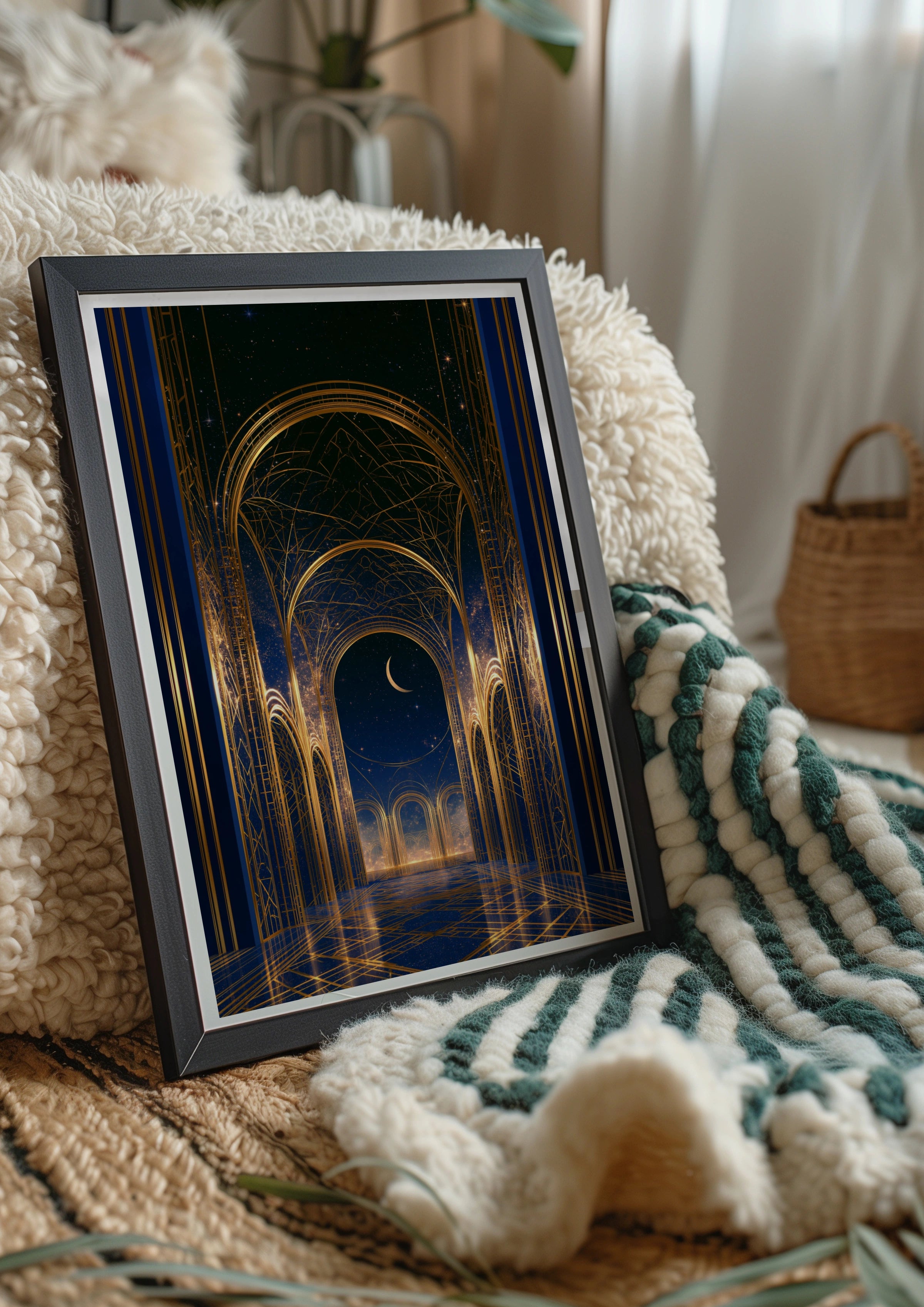 Temple Archway Night Sky Poster, Blue Gold Celestial Architecture Print, Art Deco