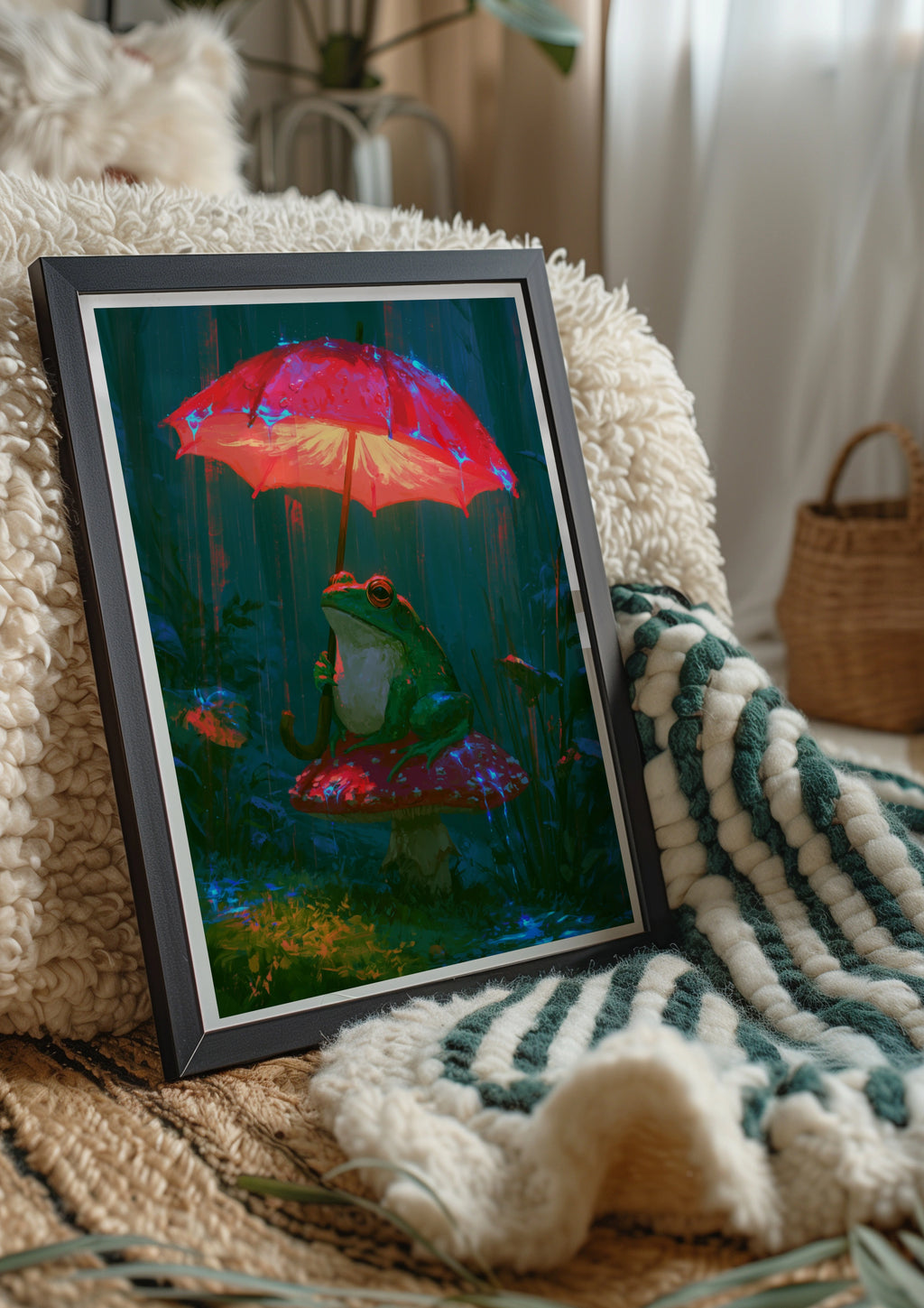 Frog on Mushroom with Umbrella Wall Art Poster, Whimsical Forest Print