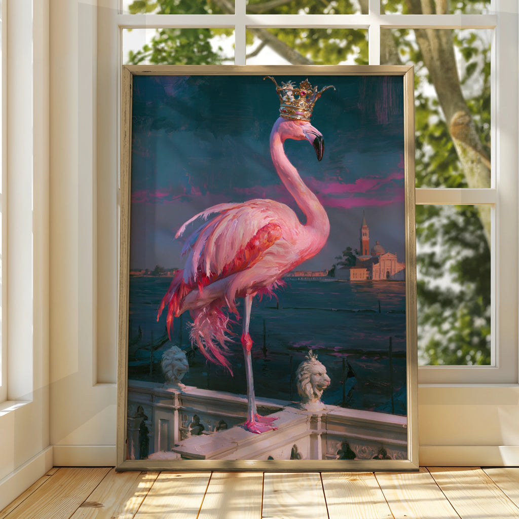 Royal Flamingo Venice Poster, Pink Bird Crown Wall Art, Oil Painting Style Print