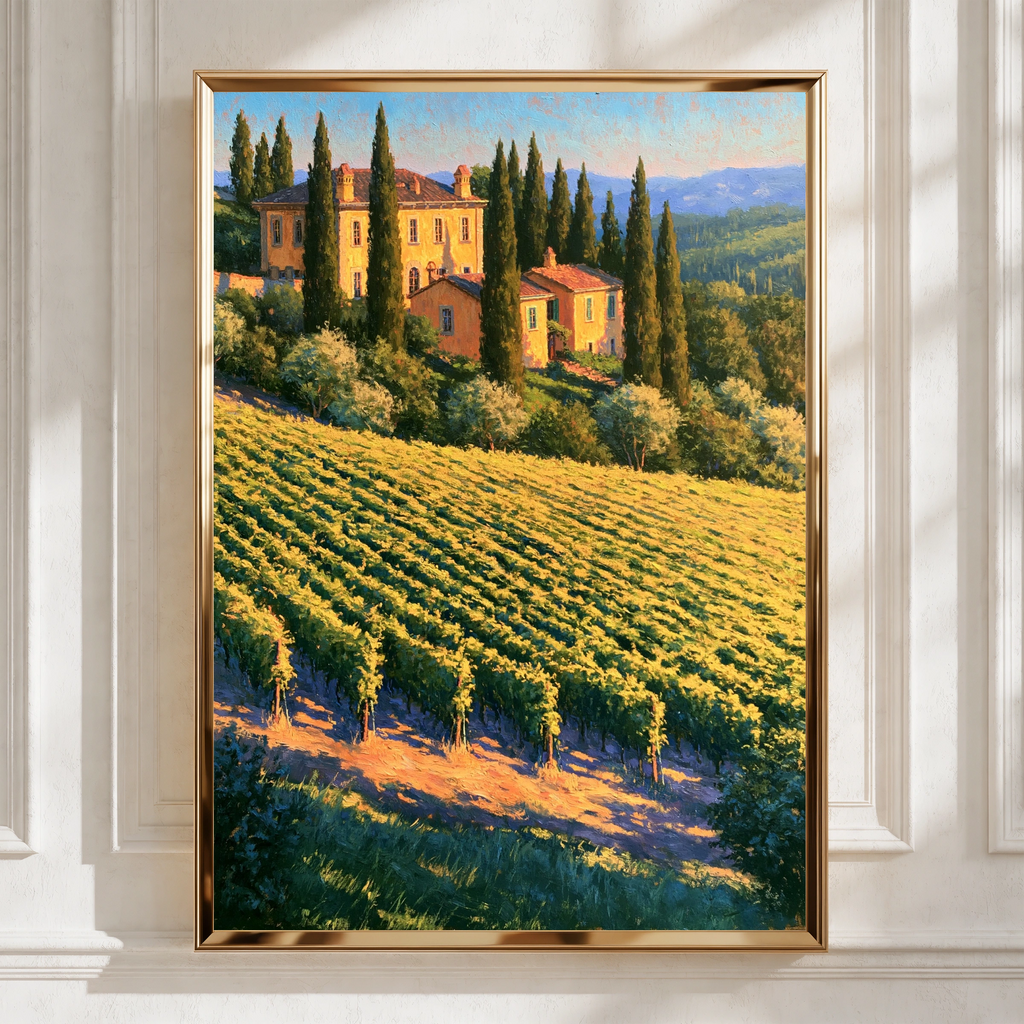 Tuscany Vineyard Poster, Italian Cypress Villa, Oil Painting Style Wall Art