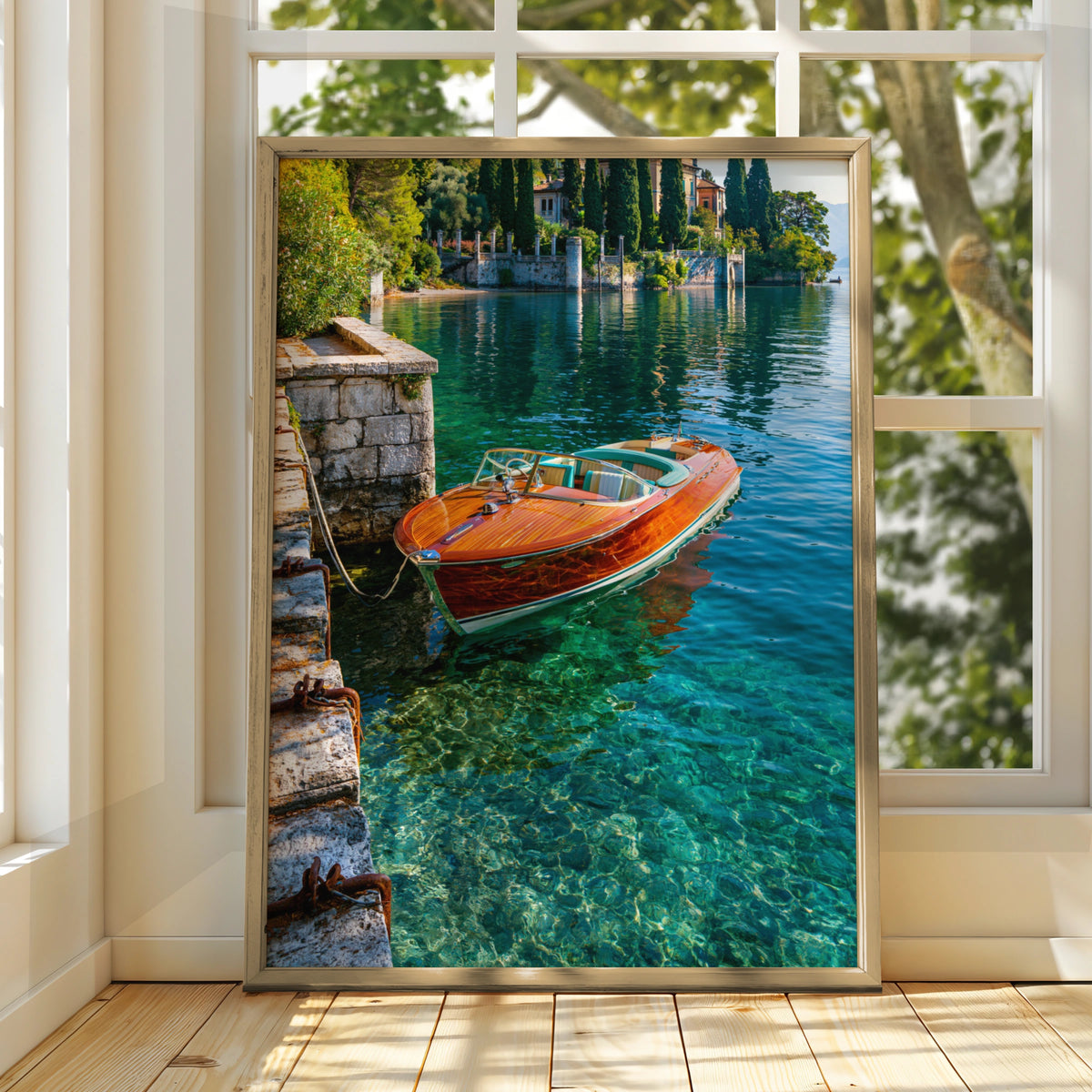 Lake Como Speedboat Poster, Italian Villa Wall Art, Vintage Riva Print