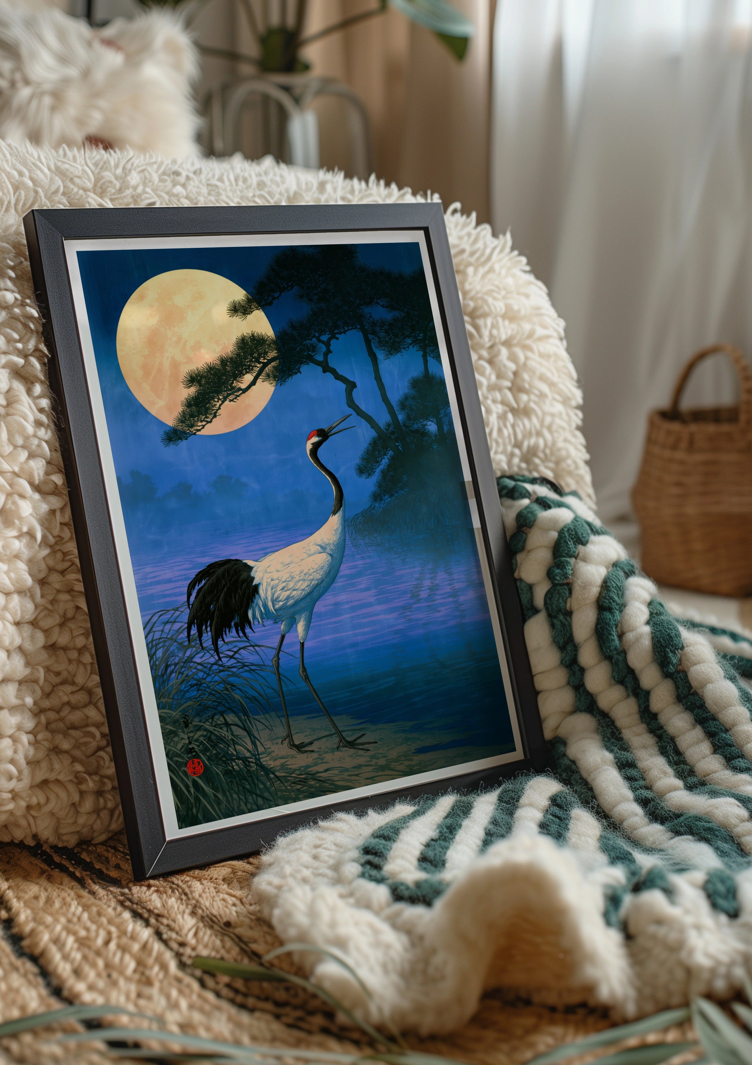 Japanese Crane Full Moon Poster, Ukiyo-e Style Wall Art, Foggy Night Print