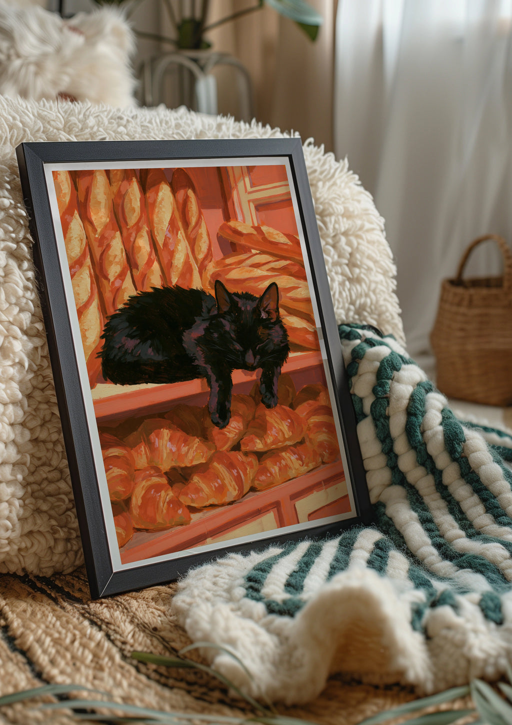 Black Cat Sleeping in French Bakery, Croissants Baguettes Wall Art Poster