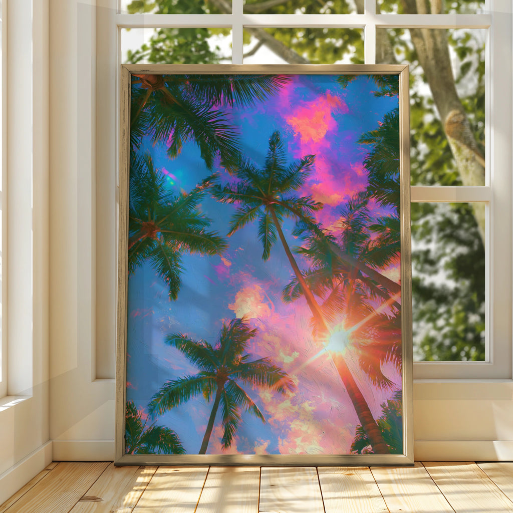 Palm Trees Sun Pink Clouds Poster, Tropical Sky Wall Art, Vibrant Sunset Print