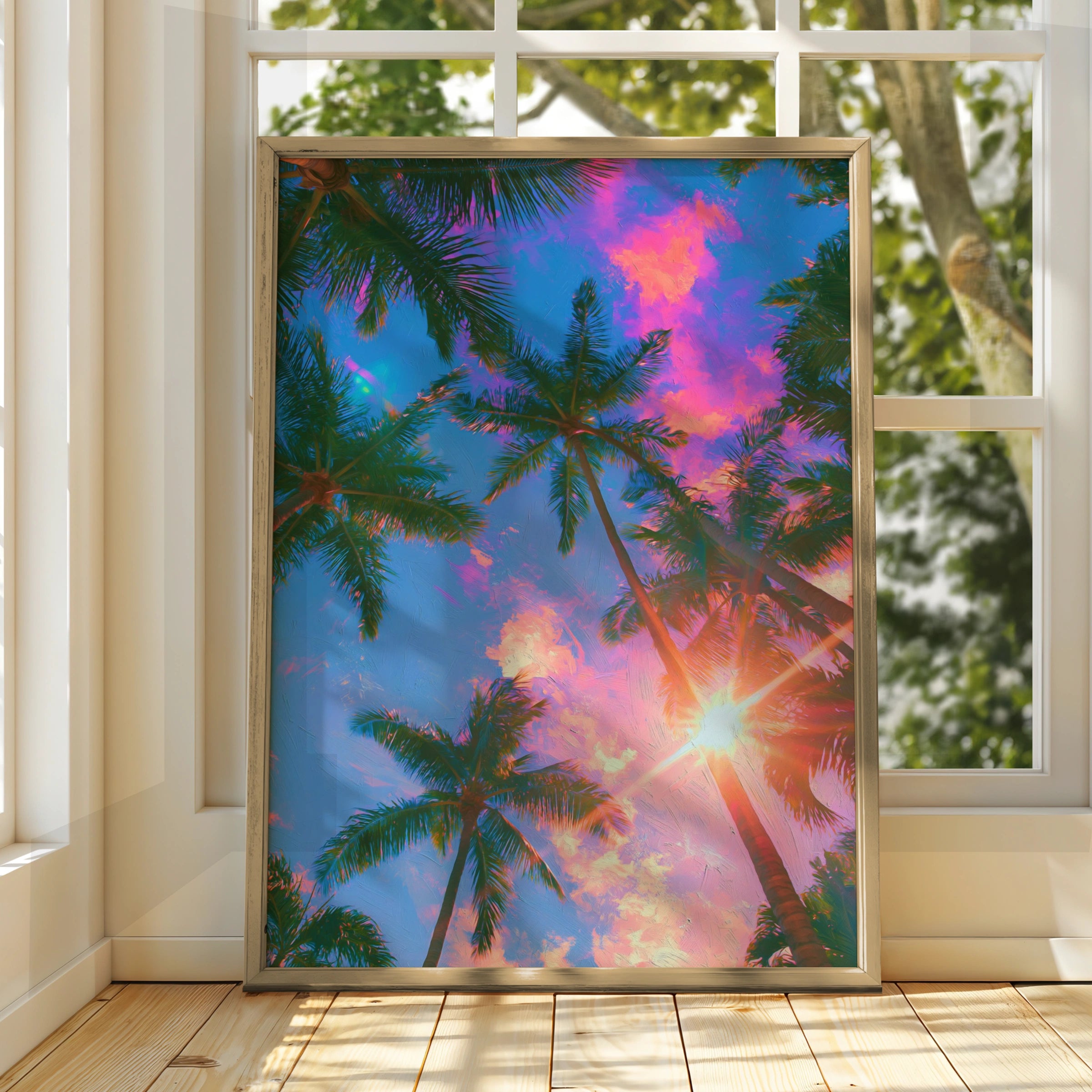 Palm Trees Sun Pink Clouds Poster, Tropical Sky Wall Art, Vibrant Sunset Print