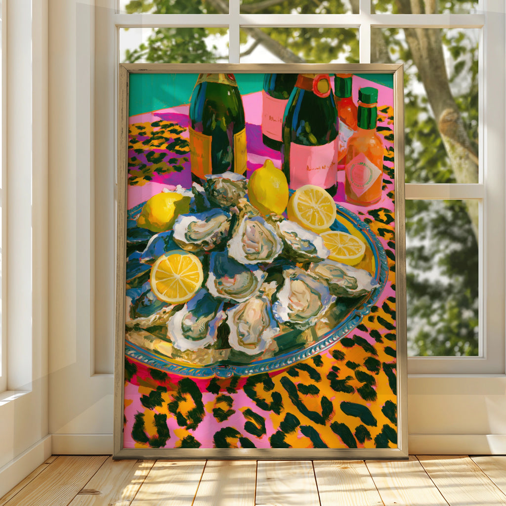 Oysters & Champagne Poster, Leopard Print Still Life, Bold Maximalist Wall Art