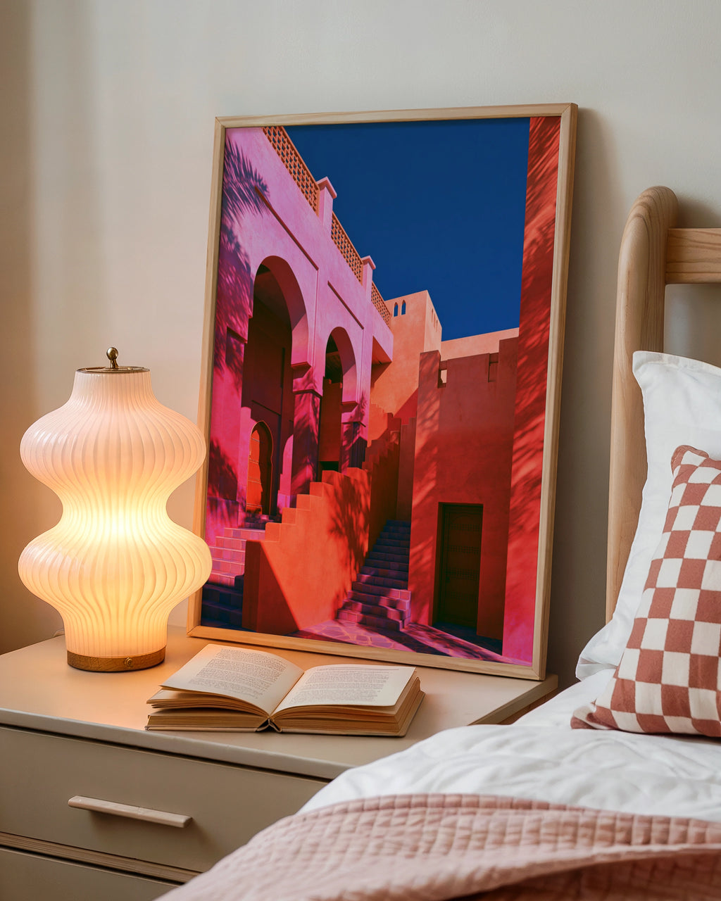 Moroccan Patio Architecture Poster, Pink Terracotta Arches, Bold Colour Print