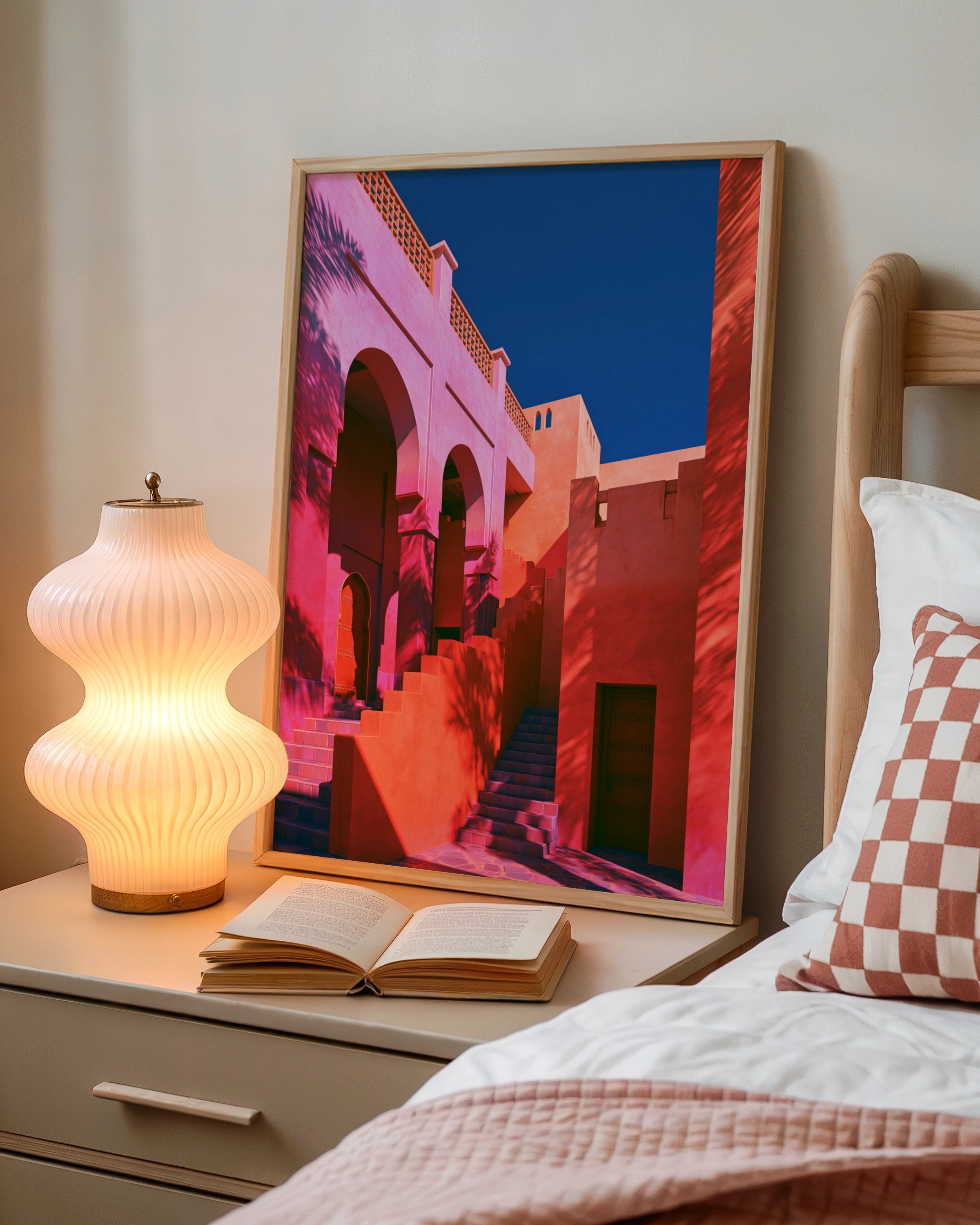 Moroccan Patio Architecture Poster, Pink Terracotta Arches, Bold Colour Print