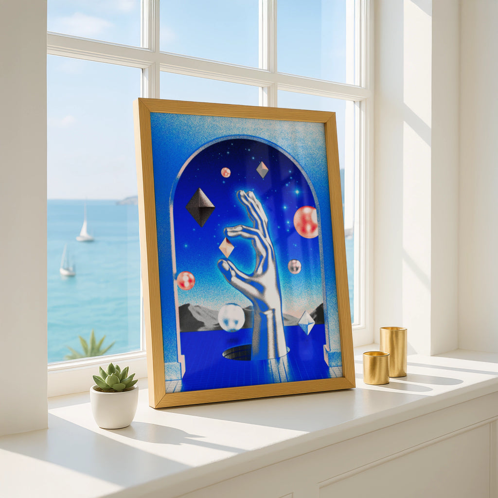 Psychedelic Hand Cosmic Poster, Surreal Blue Space Wall Art, Geometric