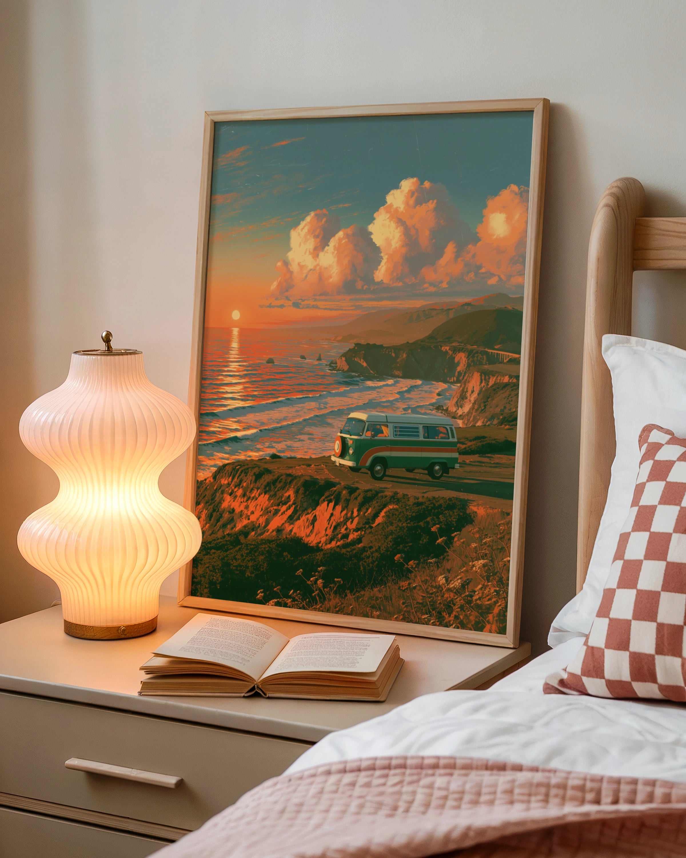 Retro Camper Van Coastal Sunset Poster, Sea Cliffs Wall Art Print
