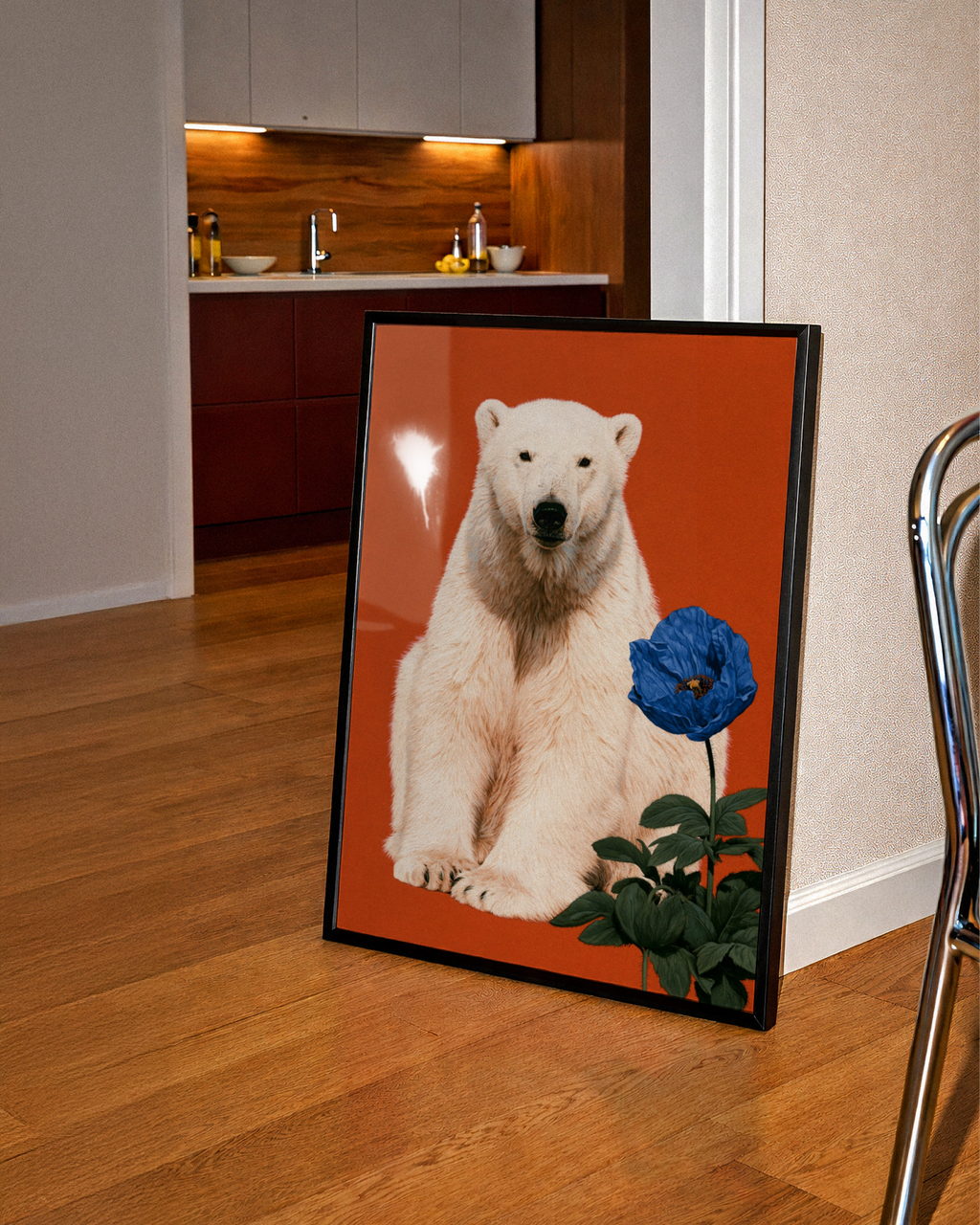 Polar Bear Blue Flower Poster, Bold Red Wildlife Wall Art Print