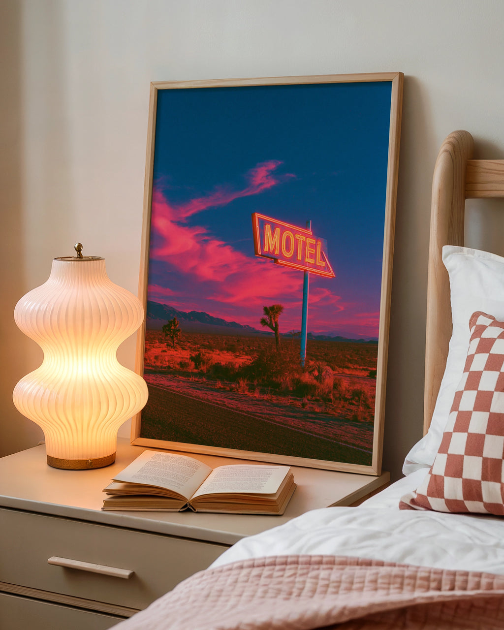 Neon Motel Sign Desert Sunset Poster, Retro Americana Wall Art, Route 66