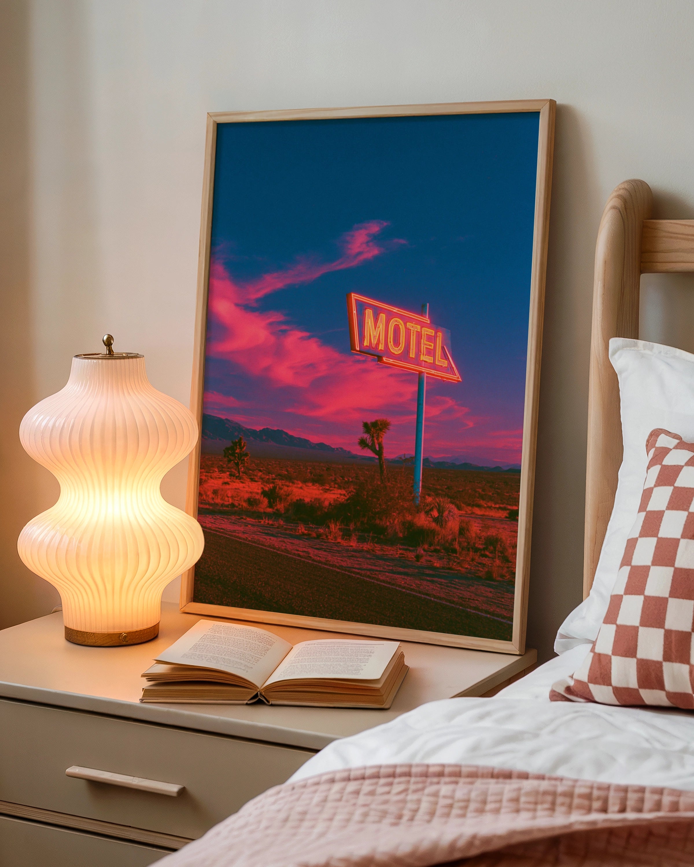 Neon Motel Sign Desert Sunset Poster, Retro Americana Wall Art, Route 66
